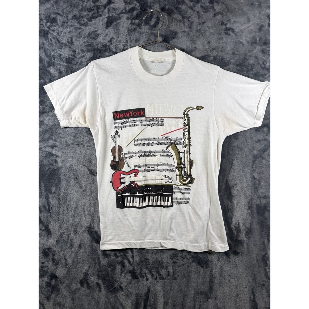 Screen Stars Shirt Mens M White New York Music Instruments Graphic Tee Vintage